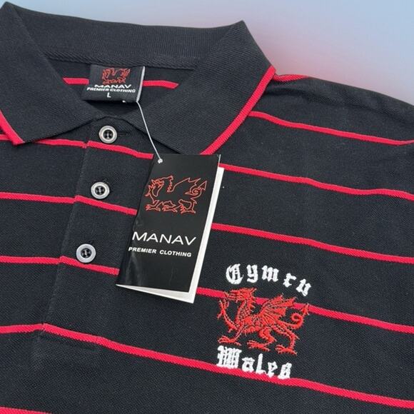 MANAV U.K. Men’s Large Black and Red Striped CYMRU WALES Polo Shirt - Picture 3 of 3